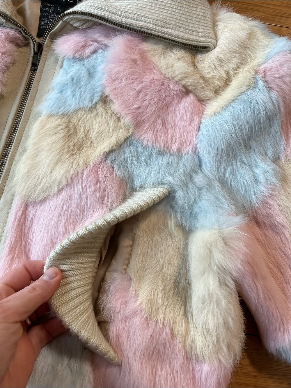 Y2K Vintage bebe Pastel Rabbit Fur Bomber Jacket - Cotton Candy Cream - Picture 3 of 12